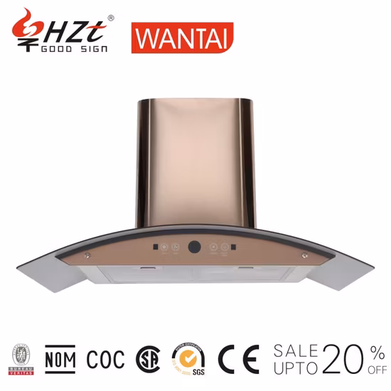 Aparato de cocina Productos eléctricos Campana extractora de chimenea de isla con botón pulsador de vidrio curvado